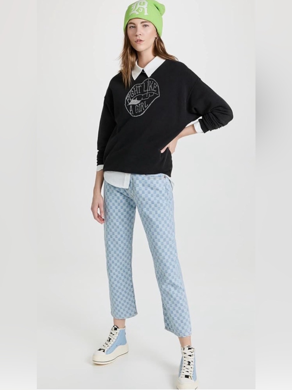 R13 Light Blue Checkered Cropped Jeans